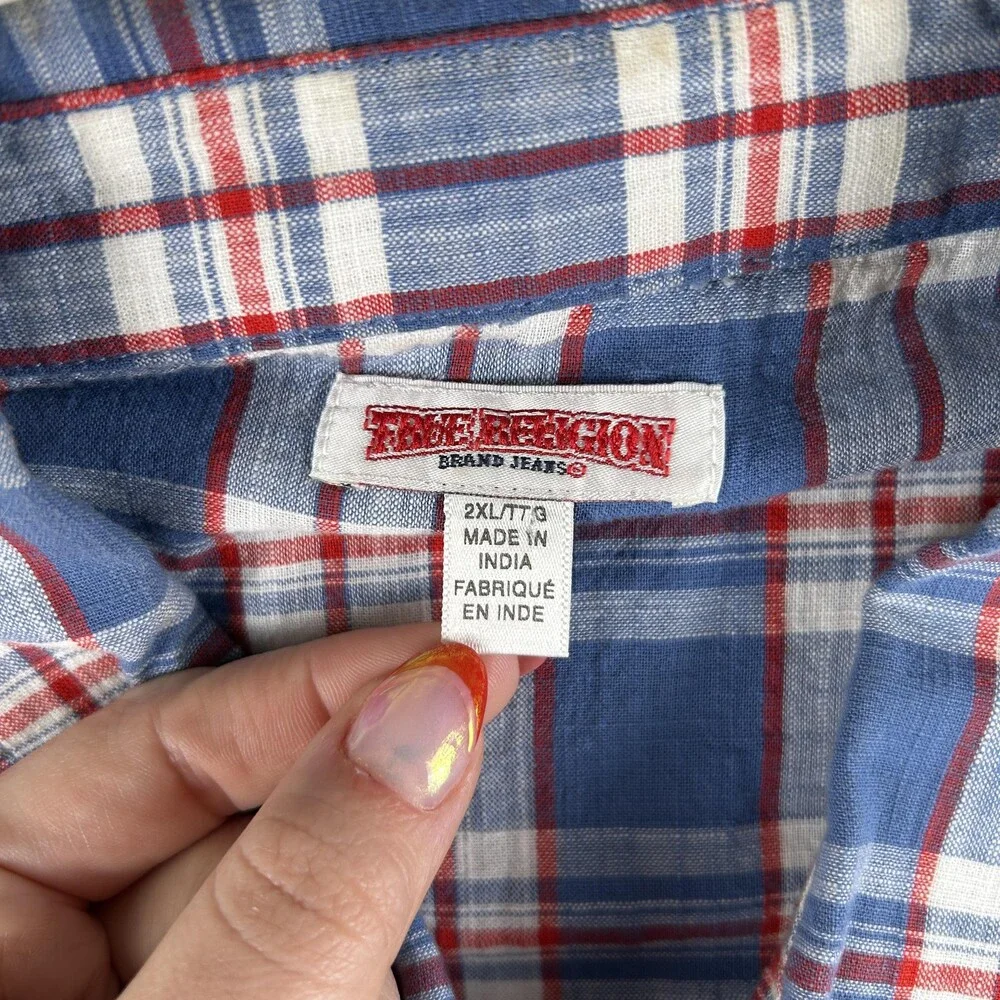 True Religion Shirt Mens 2XL Blue Plaid Short Sleeve Western Snap Casual